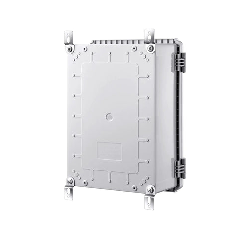 IP67 Weatherproof Junction Box Plastic Enclosure with hinged gray cover and mounting plate, 14.6 x 10.6 x 5.9 inches, side view