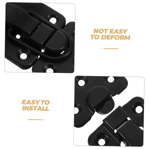 Close-up of Eight Piece Retro Duckbilled Hasp Lock Set for Luggage and Antique Boxes, black zinc alloy detail with text "Not Easy to Deform."
