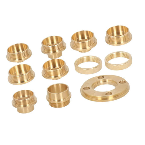 Knockout Brass Router Template Guide Kit 11 Piece Set With Lock Nuts And Universal Adapter, brass bushings and rings arrangement.