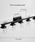 Matte Black Farmhouse 5 Lights Bathroom Vanity Lights With Globe Glass Shades Modern Wall Fixture dimensions shown