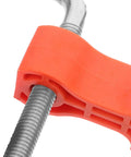 Close-up of a heavy-duty right angle clamp mechanism showing a metal screw and orange plastic grip for precise corner workholding.