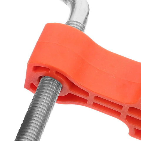 Close-up of a heavy-duty right angle clamp mechanism showing a metal screw and orange plastic grip for precise corner workholding.