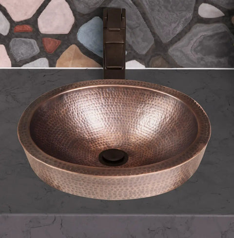 Hand Hammered 17-Inch Oval Skirted Drop-In Copper Bathroom Sink For Vanity Countertop Top Mount 18-Gauge Pure Copper Vanity Sink