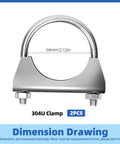 Two Pack 304 Stainless Steel U Clamps, 54mm (2-1/8in) Muffler Exhaust Clamps with Saddle Flange dimension diagram