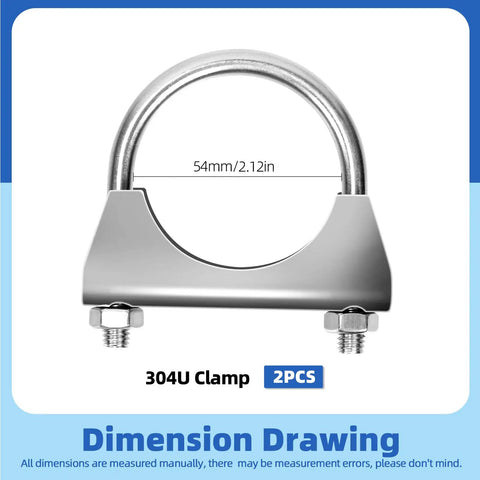 Two Pack 304 Stainless Steel U Clamps, 54mm (2-1/8in) Muffler Exhaust Clamps with Saddle Flange dimension diagram