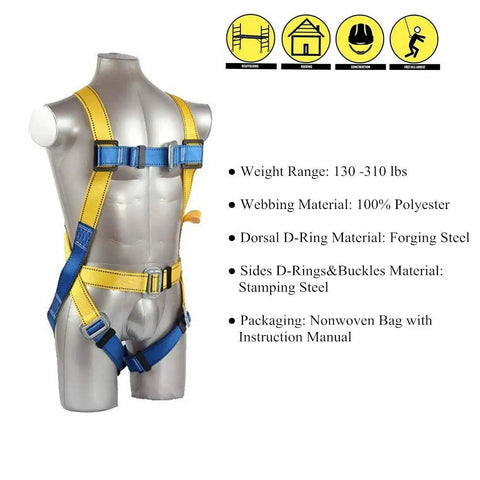 Fall Protection Safety Harness With Internal Shock Absorbing Lanyard And Hook, OSHA And ANSI Certified, shown on mannequin