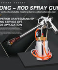 Heavy Duty Extension Rod Spray Gun With Stainless Handle And Solid Brass Tips Delivers A Smooth Flawless Finish Using Adjustable 1 5 1 8 Or 2 5 MM Nozzles Comes Loaded With A Roomy Two Liter Paint Cup And Pressure Regulator Ready For No Sweat Furniture - Close up of spray gun with stainless handle and brass nozzle.