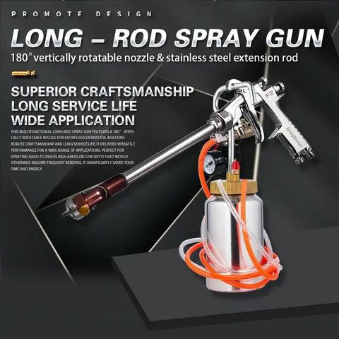 Heavy Duty Extension Rod Spray Gun With Stainless Handle And Solid Brass Tips Delivers A Smooth Flawless Finish Using Adjustable 1 5 1 8 Or 2 5 MM Nozzles Comes Loaded With A Roomy Two Liter Paint Cup And Pressure Regulator Ready For No Sweat Furniture - Close up of spray gun with stainless handle and brass nozzle.