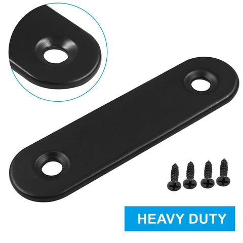 Close-up of black stainless steel bracket from 12Pcs 2 Point 4 Inch Straight Brackets Set with screws, labeled 'Heavy Duty'.