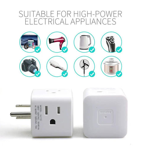 Four Way Wall Tap Outlet Extender For Home Office And Kitchen 4 Grounded AC Outlets Power Strip shown with appliances like kettle, hair dryer.