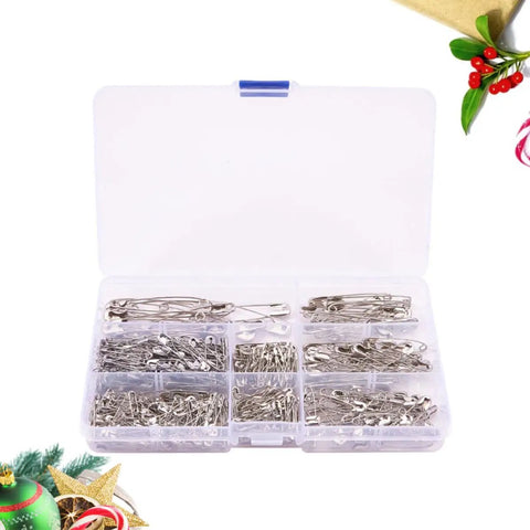 450 Pack Real Deal Iron Safety Clasp Pins For Crafting And Tailoring Mini Metal Clothing Fasteners in a clear storage box.