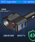 Ride Ready Dual Type C Car Charger Splitter Crushing Charge Bottlenecks By Plugging Straight Into Your 12 Volt Cigarette Lighter Socket With Sleek Led Voltmeter And Easy Toggle Switch For No Stress Device Powering On The Highway, showing 200W output and USB ports.