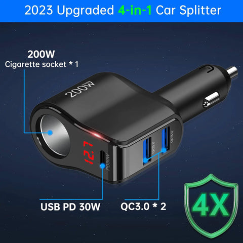 Ride Ready Dual Type C Car Charger Splitter Crushing Charge Bottlenecks By Plugging Straight Into Your 12 Volt Cigarette Lighter Socket With Sleek Led Voltmeter And Easy Toggle Switch For No Stress Device Powering On The Highway, showing 200W output and USB ports.