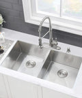 Overhead view of 33 Inch Undermount Double Bowl Kitchen Sink Stainless Steel 16 Gauge Deep Basins With Cutting Board Rust Resistant Brushed Satin Finish Beefy Heavy Duty Design For Modern Kitchens