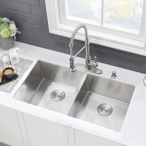 Overhead view of 33 Inch Undermount Double Bowl Kitchen Sink Stainless Steel 16 Gauge Deep Basins With Cutting Board Rust Resistant Brushed Satin Finish Beefy Heavy Duty Design For Modern Kitchens
