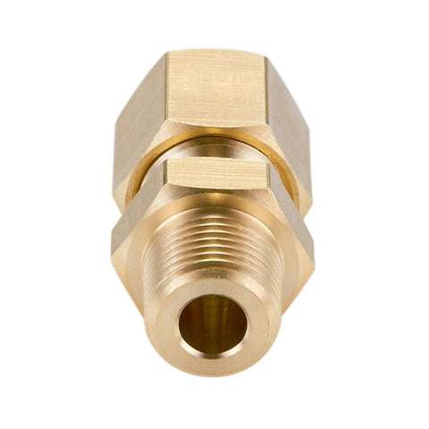 Brass compression tube fitting, straight coupling, 1/4 in. OD to 1/4 in. NPT male, front view