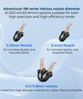 Adventurer 5M Series 3D Printer Nozzle Assembly showcasing various nozzle diameters for high precision and efficiency.