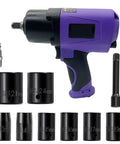 1/2 Inch Composite Air Impact Wrench With Twin Hammer Guts Delivers A Badass 1300 Ft Lbs Of Max Loosening Torque At A Screaming 8000 Rpm, includes socket attachments