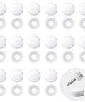 White Plastic Screw Covers For M4 Screws 100 Pack Dome Caps With Rubber Gaskets arranged in rows, showcasing caps and gaskets.
