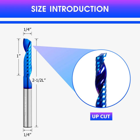 Upcut Spiral Router Bit, Pro Grade Carbide With Blue Coating, Single Flute, Flat Top, 1/4 Inch Shank, 1/4 Inch Cutting Diameter.