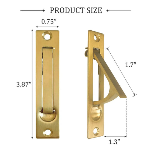 Pocket Door Pull And Edge Pull Set Brushed Gold 6 Inch Handles Hardware Latch, dimensions labeled, for closet sliding barn doors.