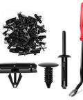 Badass 60 Piece Auto Body Trim Pack With Fender Flare Clips And Rocker Molding Retainers For Jeep Wrangler Chrysler Ford Rig Plus Slick Fastener Puller Tool with assorted clips and removal tool.