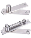 1 Set Premium Heavy Duty Stainless Steel Hidden Pivot Hinges Featuring Advanced Soft Close Hydraulic Dampers For Silent Self Closing Cabinet Doors Smooth As Butter And Zero Slap Guarantee, showcasing hinge design and metal finish.