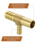Durable Brass Tee Barb Fittings Three Way Reducer Kit with 5/8in x 3/8in x 5/8in Barbed Hose Connectors for water, fuel, air