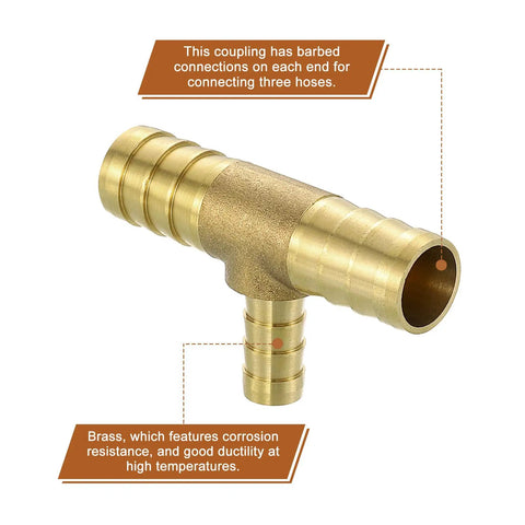 Durable Brass Tee Barb Fittings Three Way Reducer Kit with 5/8in x 3/8in x 5/8in Barbed Hose Connectors for water, fuel, air