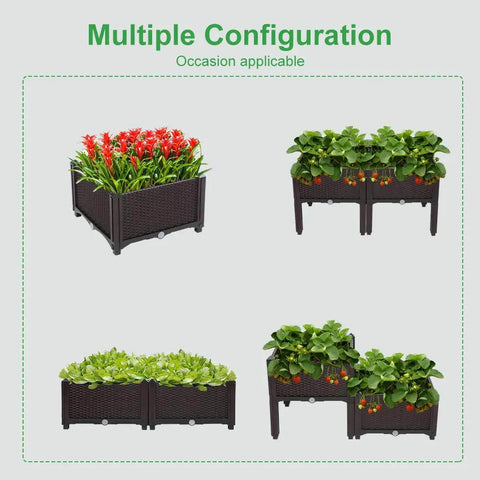 Plastic Square Raised Garden Bed Set With Self-Watering Design for indoor and outdoor use shown in modular configurations