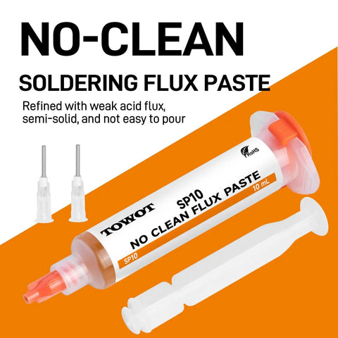 No-clean soldering flux paste 10ml syringe with applicator tips, part of Pro Grade Desoldering Wick And No Clean Flux Paste Kit For Electronics Repair