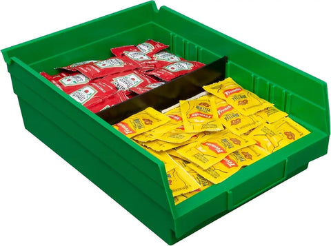 Heavy Duty Plastic Shelf Bins For Garage, Closet, And Drawer Organization 12 X 8 X 4 Inches Green holding condiment packets