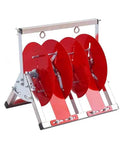 Rock Solid Stainless Steel Cable Reel Holder And Heavy Duty Wire Spool Rack Dispenser with four red reels for organized wiring.
