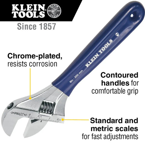Extra Wide Jaw Adjustable Wrench 8 Inch Forged Drive Tool With High Polish Chrome Finish Built For Tight Spaces One And A Half Inch Jaw Capacity showing brand logo and features