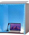 Heavy Duty Foldable Soundproof Booth With Thick Acoustic Foam Panels For Vocal And Microphone Recording Desktop Studio Sound Dampening Pod In Blue with laptop and mic.