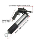 Heavy Duty Pneumatic Grease Gun Workhorse with 6000 PSI High Pressure Air and 18 Inch Hose featuring dimensions