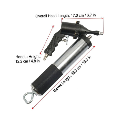 Heavy Duty Pneumatic Grease Gun Workhorse with 6000 PSI High Pressure Air and 18 Inch Hose featuring dimensions