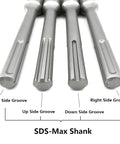 Close-up of Pro Grade Ground Rod Driver For Five Eighth And Three Quarter Inch Rods With 18mm SDS Max Shank grooves labeled.