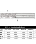 Roughing End Mills Set Of 4 High Speed Steel Milling Cutters For CNC Router Bits With Four Flutes Ideal For Slot Milling Hole Cutting Finishing In Milling Machines Perfect For Home Workshop Projects, showing detailed size chart.