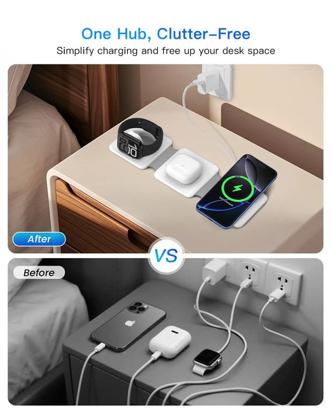 Dope 3 In 1 Foldable Magnetic Wireless Charger Dock for iPhone, Watch, AirPods shown on tidy desk versus cluttered desk with cables