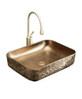 Top Shelf Ceramic Bathroom Vessel Sink Bowl With Exquisite Hand Carved Patterns For Above Countertop Vanity Setup, bronze finish.