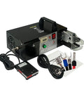 No Nonsense Heavy Duty Electric Terminal Crimping Machine With Seven Interchangeable Dies 90 Watt Motor 220 Volt Power, black casing, foot pedal.