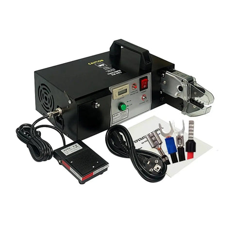 No Nonsense Heavy Duty Electric Terminal Crimping Machine With Seven Interchangeable Dies 90 Watt Motor 220 Volt Power, black casing, foot pedal.