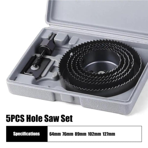 Ultimate 5 Piece Heavy Duty Hole Saw Kit Ranging From 64 To 127mm For Smooth Wood And Plasterboard Drilling Projects That Get Stuff Done Right. 5pcs hole saw set in case, 64-127mm sizes, steel cutting tool for wood and plasterboard