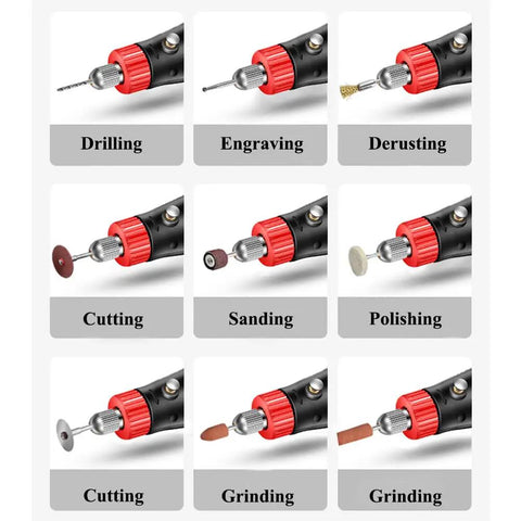 Mini Dope Rotary Tool Kit With 121 Accessories For Small Crafts And Projects, Corded Electric Detail Sander Grinder Set displayed with various attachments for drilling, cutting, sanding, and polishing.