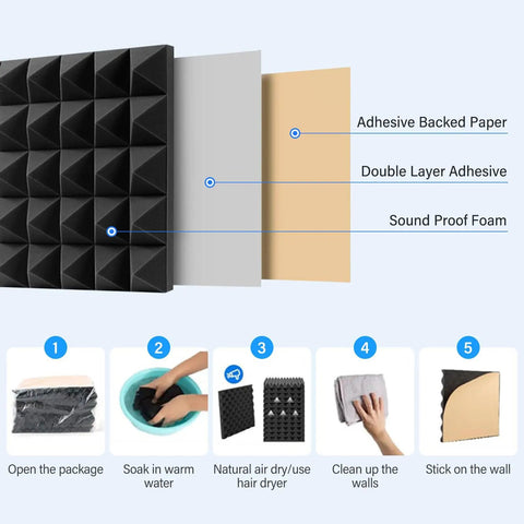 DIY Friendly Black Acoustic Foam Panels Twelve Inch Peel And Stick Sound Dampening Tiles Two Inch Thick Ultra Dense Fire Resistant Echo Absorbing Wall Pads For Studio And Garage Space step-by-step installation process