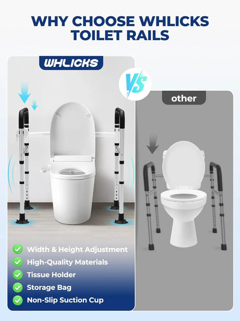 Image comparing Rock Solid Adjustable Toilet Safety Rails with features like height adjustment, tissue holder, and non-slip design.