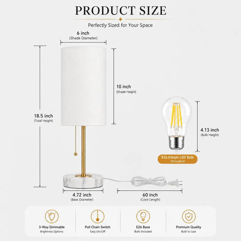 Gold Table Lamps Set Of 2 For Bedside And Living Room With Marble Bases Linen Shade Pull Chain 3 Way Dimmable Nightstand Lamps 18.5 Inch Tall Slim Desk Style Bulbs Included product dimensions and features, showcasing measurements and details.