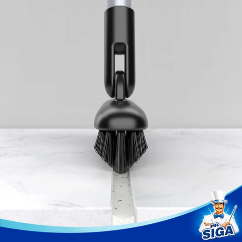 Front view of Heavy Duty Grout Scrub Brush With Long Handle For Bathroom Tiles And Shower Floors Stiff V Shape Bristles.