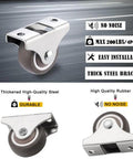 No Sweat Setup One Directional Fixed Caster Wheels Rock Solid Low Profile Rigid Plate Smooth Roll 1 5 Inch Heavy Duty 8 Pack close-up image of rubber wheel with thick steel bracket.